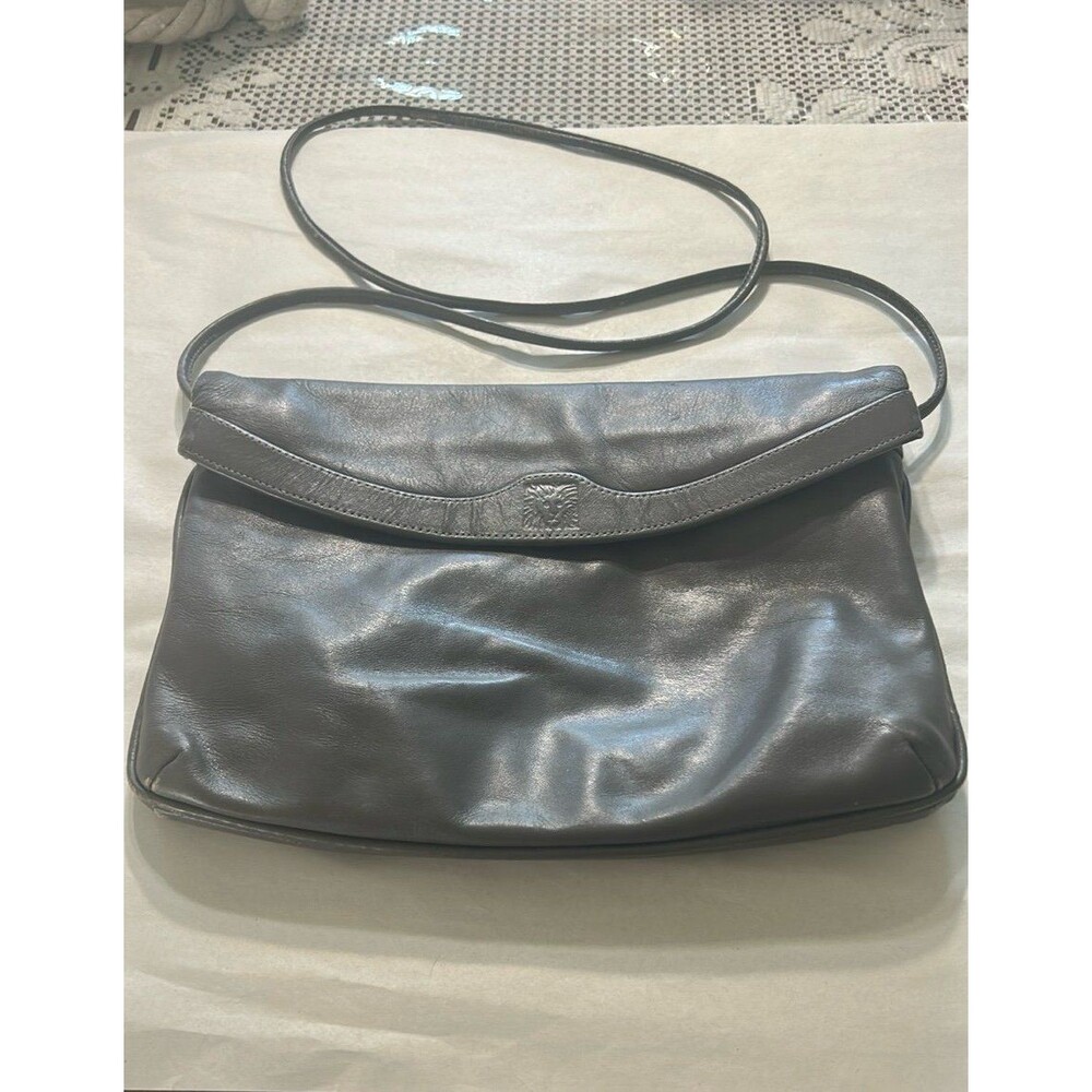 70’s 80’s Anne Klein Gray Leather Shoulder Bag with Lion Logo
